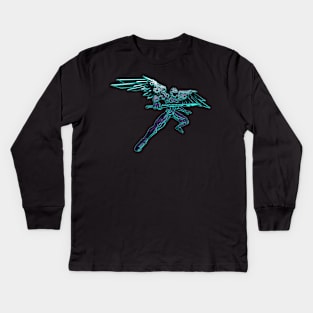 flying robot carrying a sword illustration Kids Long Sleeve T-Shirt